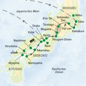 Reiseroute unserer Studienreise in Japan: Von Tokio über Kyoto und Hiroshima zu den Inseln Shikoku, Naoshima und Miyajima.