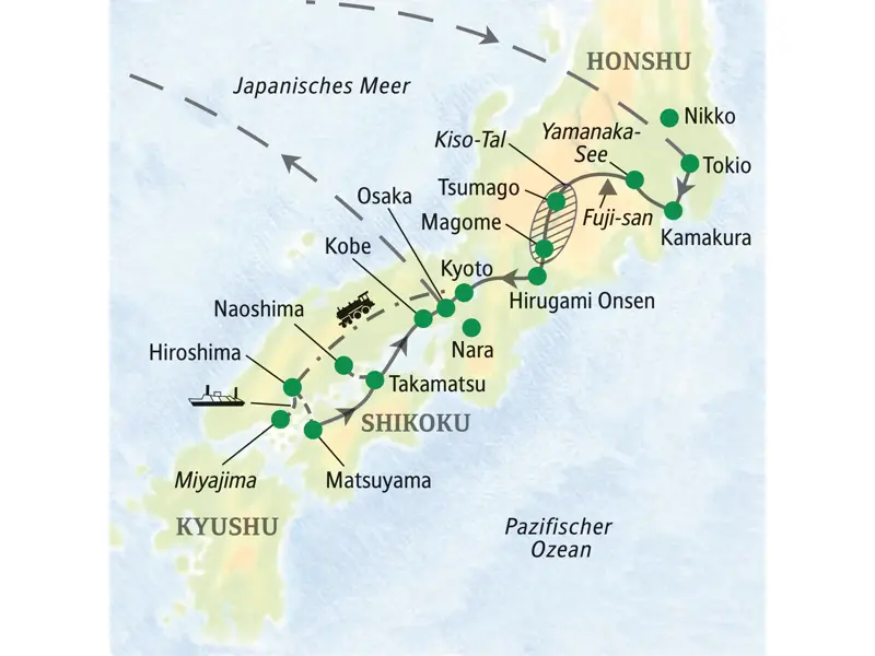 Reiseroute unserer Studienreise in Japan: Von Tokio über Kyoto und Hiroshima zu den Inseln Shikoku, Naoshima und Miyajima.