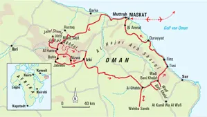 Karte der Hauser Trekkingreise im Oman: Eine Rundreise von Maskat zum Jebel Shams, in die Wüste Wahiba Sands und zurück.