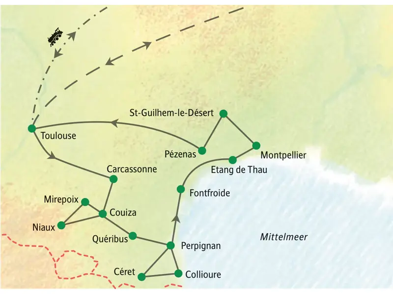 Reiseroute der Studiosus Studienreise in Languedoc-Roussillon: von Toulouse über Carcassonne, Perpignan und Montpellier zurück.