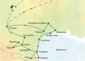 Reiseroute der Studiosus Studienreise in Languedoc-Roussillon: von Toulouse über Carcassonne, Perpignan und Montpellier zurück.
