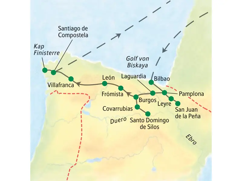 Karte der Studiosus-Studienreise auf dem Jakobsweg von Bilbao über Burgos und León nach Santiago de Compostela in Spanien.