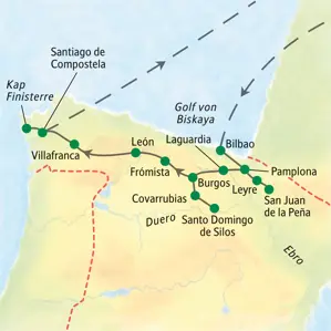 Karte der Studiosus-Studienreise auf dem Jakobsweg von Bilbao über Burgos und León nach Santiago de Compostela in Spanien.