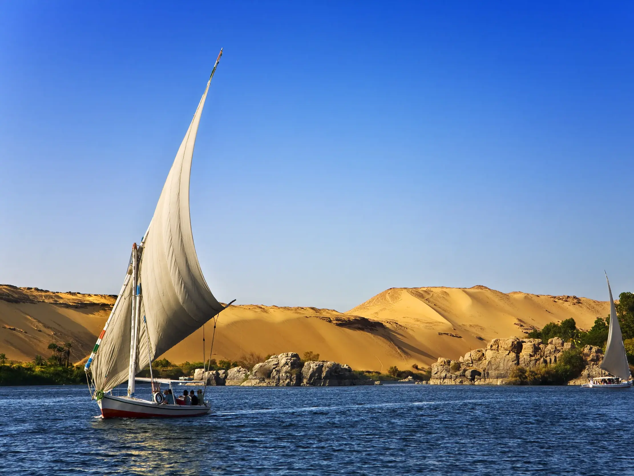 Eine traditionelle Feluke segelt mit Gästen auf dem Nil vor den goldenen Sanddünen der Wüste bei Assuan, Ägypten.