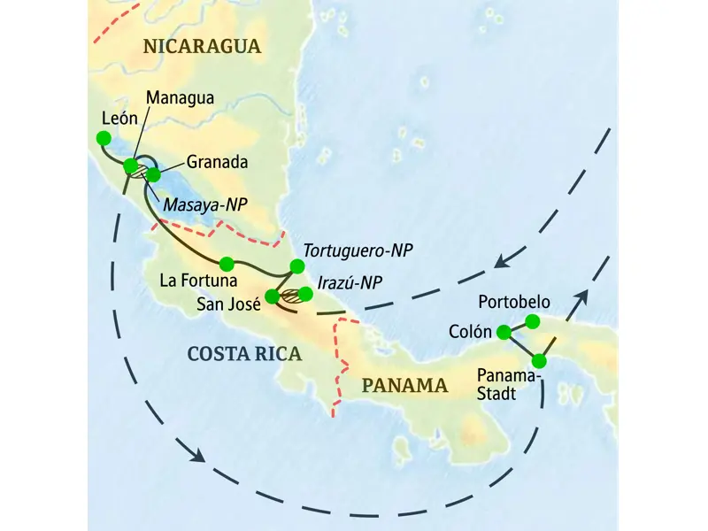Karte der Studiosus Studienreise durch Mittelamerika: von San José über La Fortuna, Granada und León bis nach Panama-Stadt.
