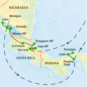 Karte der Studiosus Studienreise durch Mittelamerika: von San José über La Fortuna, Granada und León bis nach Panama-Stadt.