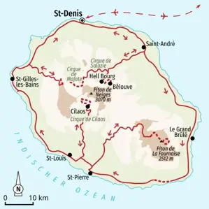 Route unserer Wanderreise auf La Réunion: von St-Denis über die Talkessel Salazie und Mafate zum Vulkan Piton de la Fournaise.