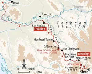 Karte der Trekkingreise in der Toskana auf der Via Francigena, die von Lucca über San Gimignano und Monteriggioni nach Siena führt.