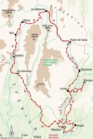 Karte der Hauser Wanderreise in der Sierra de Guara, Aragonien. Die Rundtour startet in Alquézar und führt über Lecina und Rodellar.