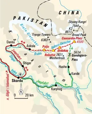 Karte der Trekkingreise in Pakistan: Die Route führt von Skardu über den Baltoro-Gletscher zum Concordia-Platz und K2.