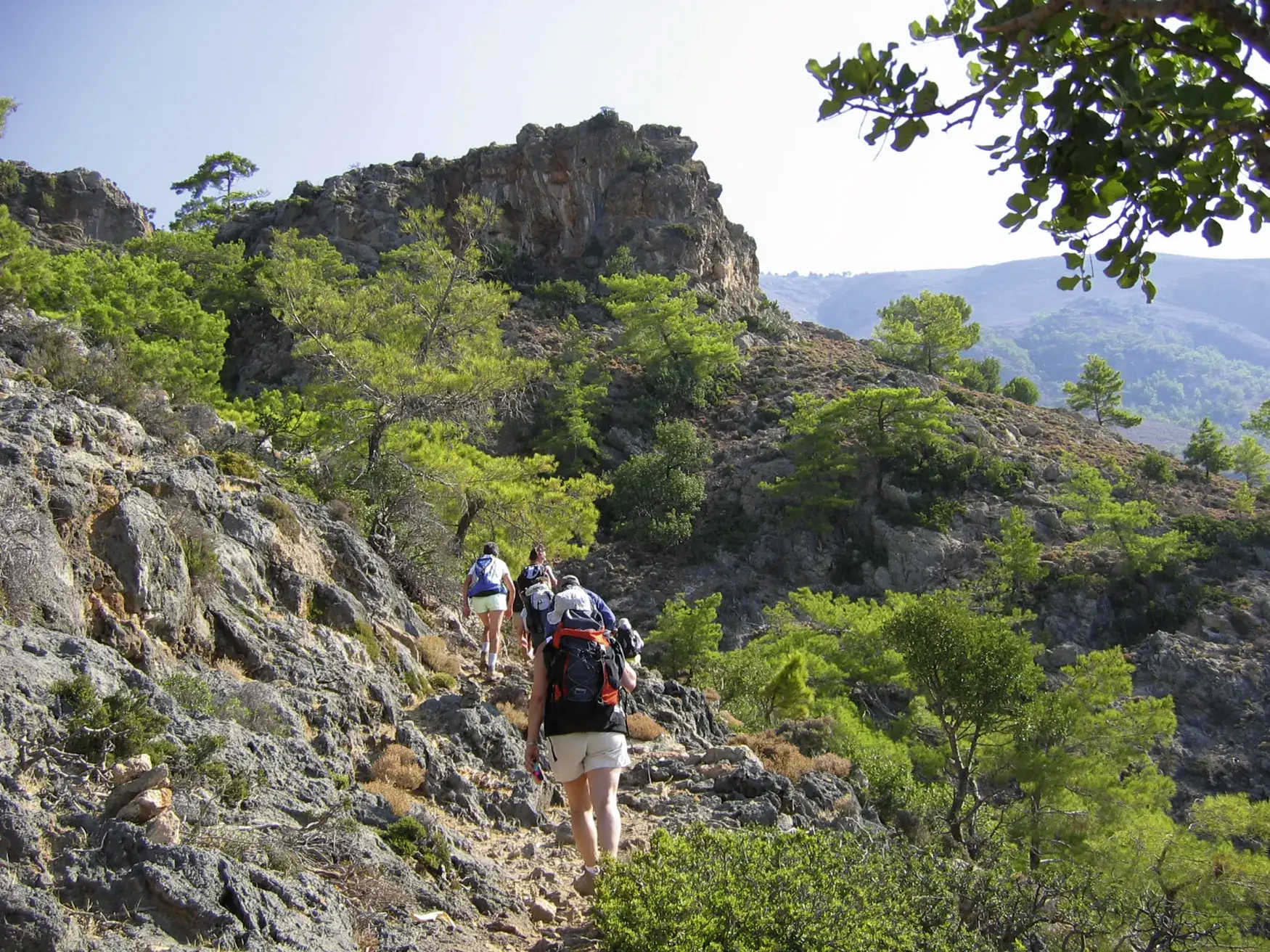 Eine Wandergruppe steigt auf dem Fernwanderweg E4 auf Kreta auf einem felsigen Pfad durch die sonnige Bergwelt der Lefka Ori.