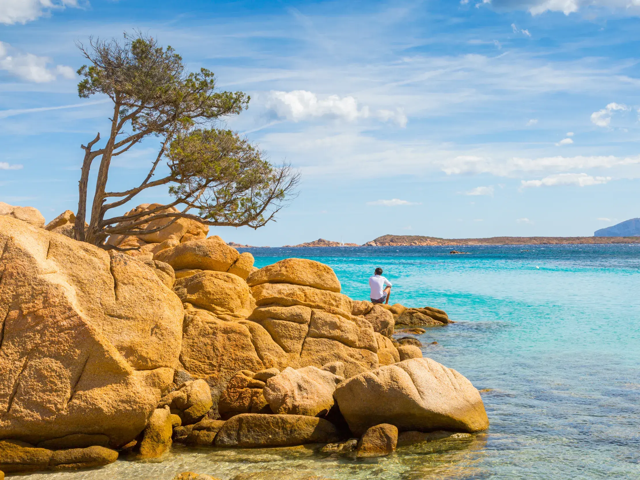 Goldbraune Felsen und eine Pinie an einer Bucht mit türkisblauem Wasser auf Sardinien, ein Mann genießt die Aussicht.