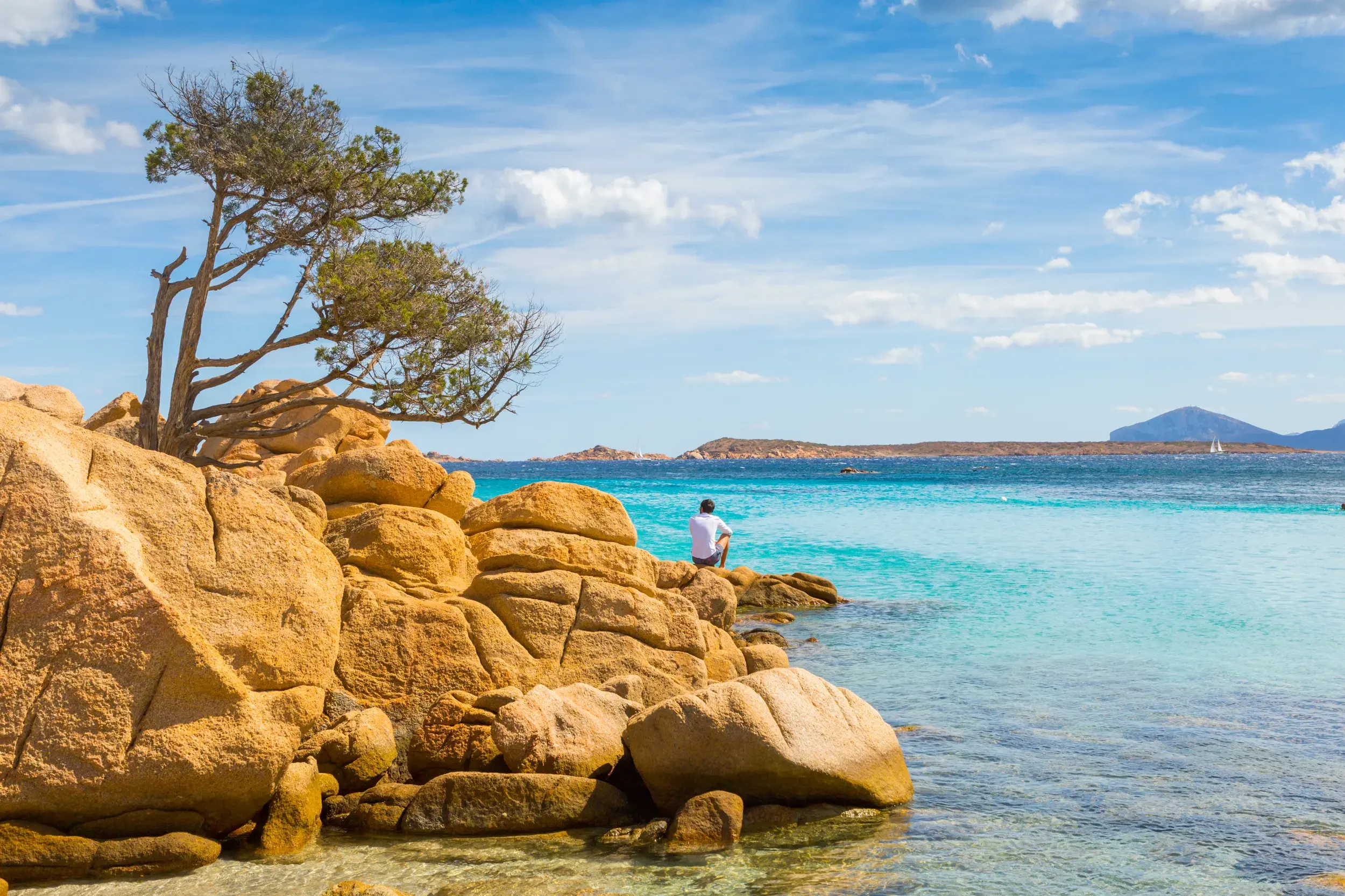 Goldbraune Felsen und eine Pinie an einer Bucht mit türkisblauem Wasser auf Sardinien, ein Mann genießt die Aussicht.