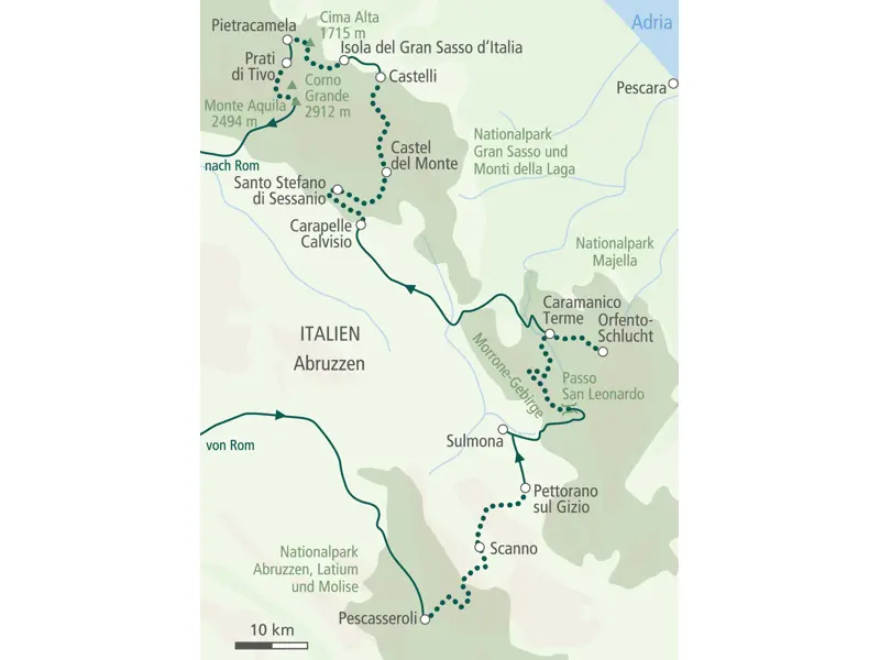Übersichtskarte unserer Trekkingreise in den Abruzzen von Pescasseroli durch Nationalparks zum Gran Sasso und Monte Aquila.