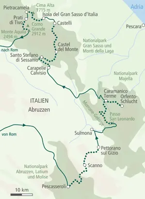 Übersichtskarte unserer Trekkingreise in den Abruzzen von Pescasseroli durch Nationalparks zum Gran Sasso und Monte Aquila.