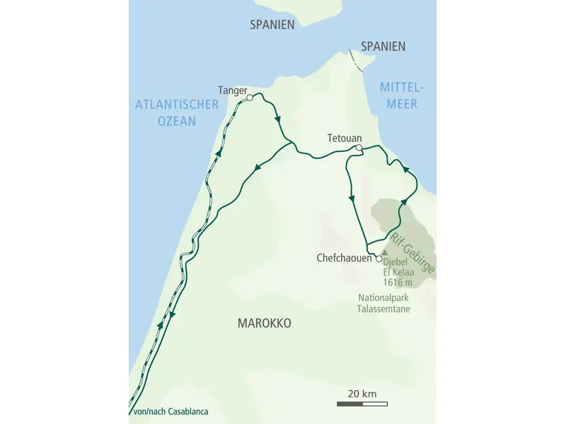 Route der Hauser Wanderreise in Nordmarokko: von Casablanca über Tanger, Chefchaouen im Rif-Gebirge und Tétouan zurück.