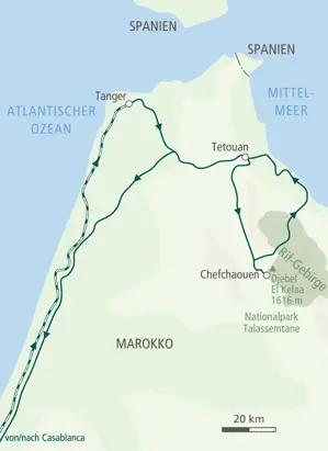 Route der Hauser Wanderreise in Nordmarokko: von Casablanca über Tanger, Chefchaouen im Rif-Gebirge und Tétouan zurück.