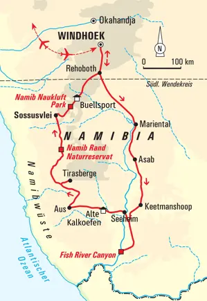 Routenkarte der Namibia Wanderreise von Windhoek zum Fish River Canyon, durch die Namib-Wüste nach Sossusvlei und zurück.
