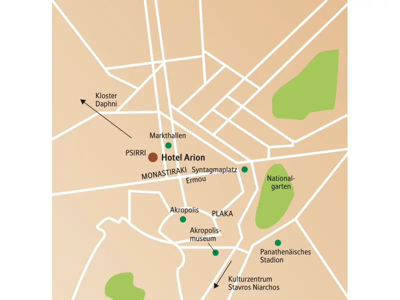 Übersichtskarte der Studienreise in Athen mit dem zentralen Hotel Arion und Sehenswürdigkeiten wie Akropolis und Nationalgarten.