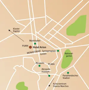Übersichtskarte der Studienreise in Athen mit dem zentralen Hotel Arion und Sehenswürdigkeiten wie Akropolis und Nationalgarten.