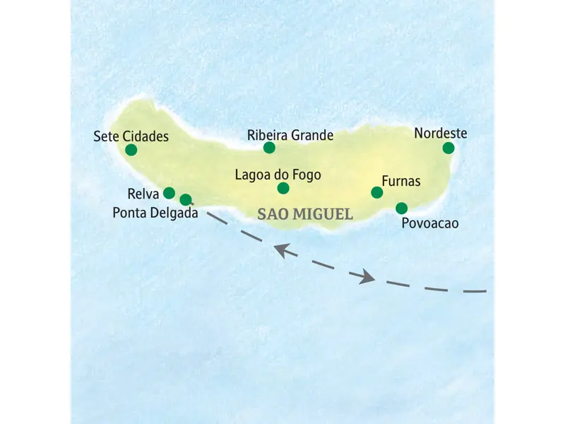 Die Route unserer Studiosus Wanderreise auf Sao Miguel startet in Ribeira Grande und führt zu den Highlights Sete Cidades, Furnas und Lagoa do Fogo. Der zweite Standort ist die Inselhauptstadt Ponta Delgada.