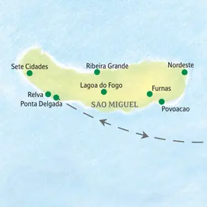 Die Route unserer Studiosus Wanderreise auf Sao Miguel startet in Ribeira Grande und führt zu den Highlights Sete Cidades, Furnas und Lagoa do Fogo. Der zweite Standort ist die Inselhauptstadt Ponta Delgada.