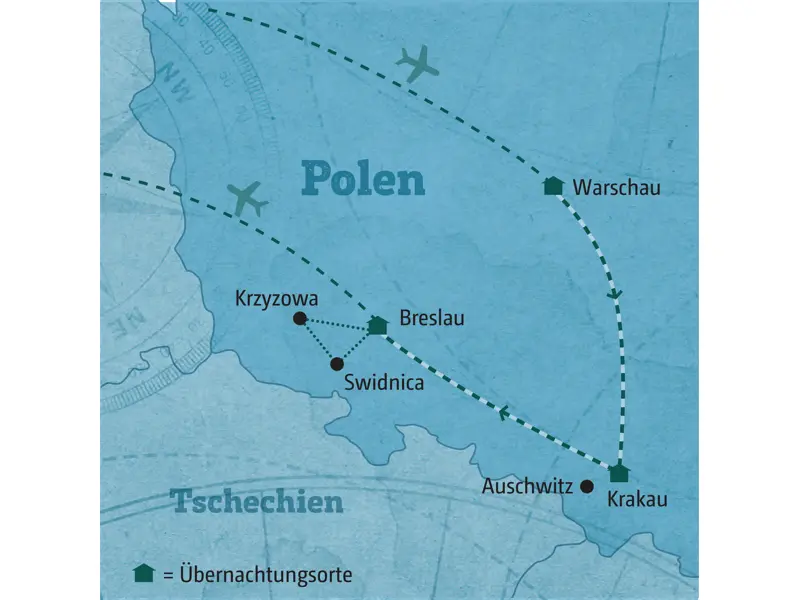 Landkarte der Bahn-Rundreise in Polen: Die Route führt von Warschau über Krakau nach Breslau mit lokalen Ausflügen.