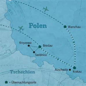 Landkarte der Bahn-Rundreise in Polen: Die Route führt von Warschau über Krakau nach Breslau mit lokalen Ausflügen.