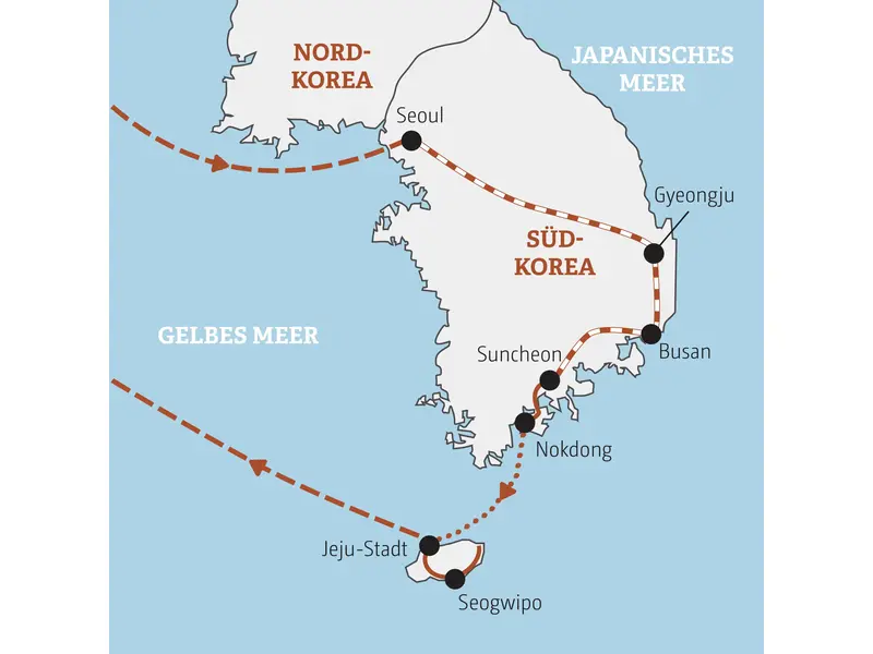 Karte der Gruppenreise für junge Leute in Südkorea, die von Seoul über Gyeongju, Busan und Suncheon bis zur Vulkaninsel Jeju führt.
