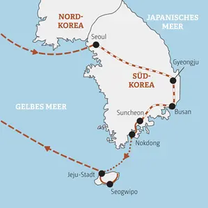 Karte der Gruppenreise für junge Leute in Südkorea, die von Seoul über Gyeongju, Busan und Suncheon bis zur Vulkaninsel Jeju führt.