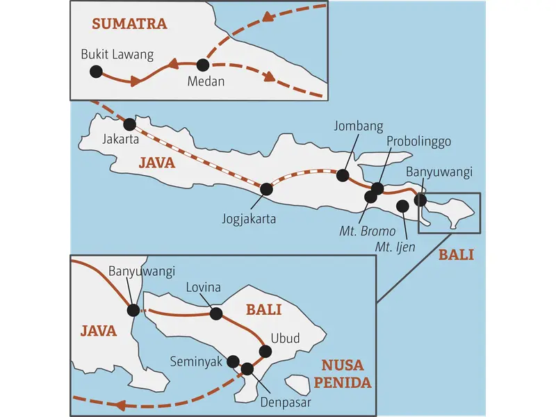 Karte der Marco Polo YOUNG LINE TRAVEL Gruppenreise für junge Leute in Indonesien: von Jakarta über Jogjakarta & Mt. Bromo bis nach Ubud & Seminyak auf Bali.