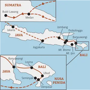 Karte der Marco Polo YOUNG LINE TRAVEL Gruppenreise für junge Leute in Indonesien: von Jakarta über Jogjakarta & Mt. Bromo bis nach Ubud & Seminyak auf Bali.