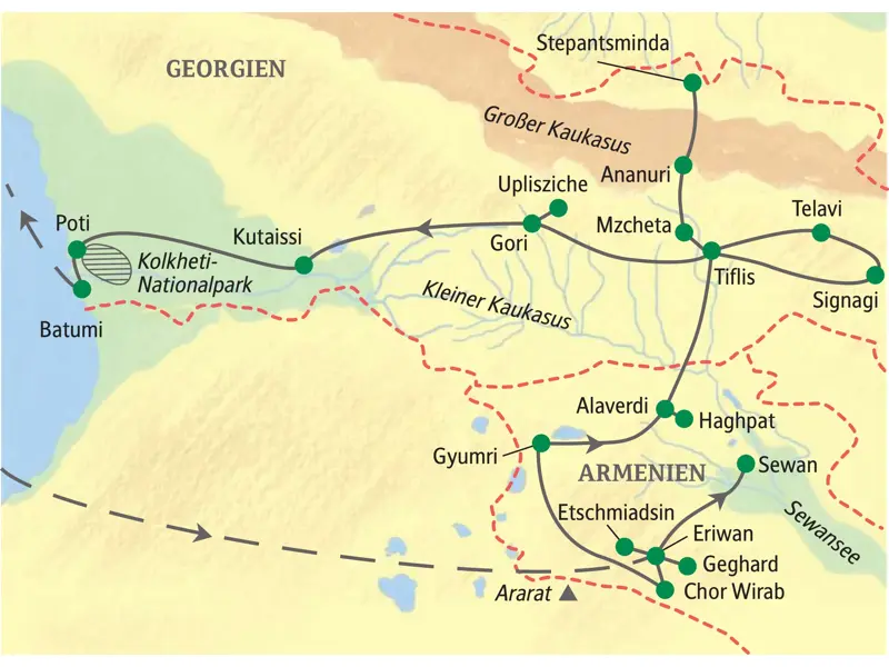 Route der Studiosus  Studienreise durch Armenien und Georgien von Eriwan über Tiflis und den Kaukasus nach Batumi an der Schwarzmeerküste.