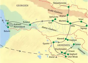 Route der Studiosus  Studienreise durch Armenien und Georgien von Eriwan über Tiflis und den Kaukasus nach Batumi an der Schwarzmeerküste.