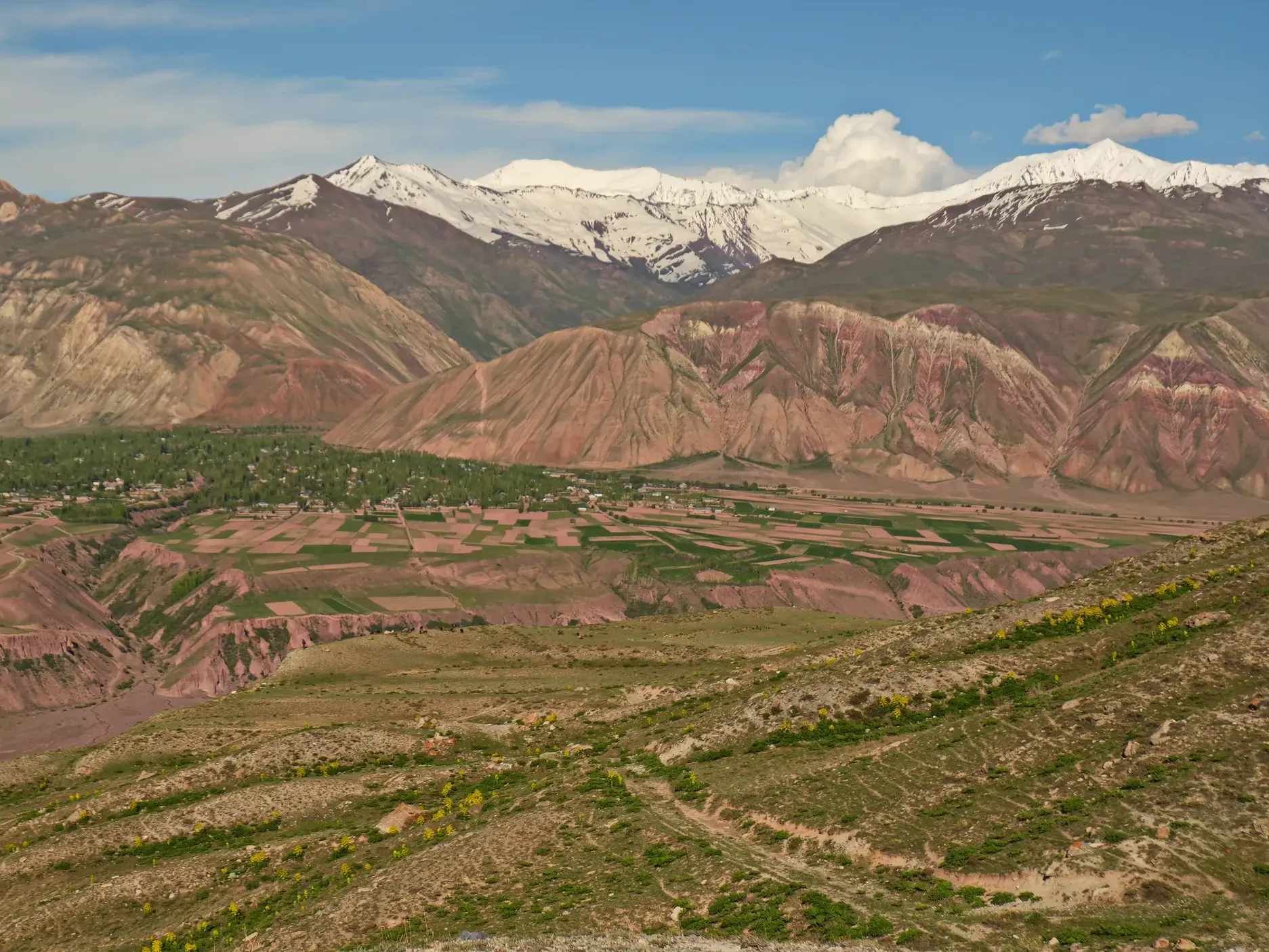 Weites Bergpanorama im Rasht-Tal mit Blick auf Ackerfelder, ein Dorf und die schneebedeckten Gipfel des Nordwest-Pamir.
