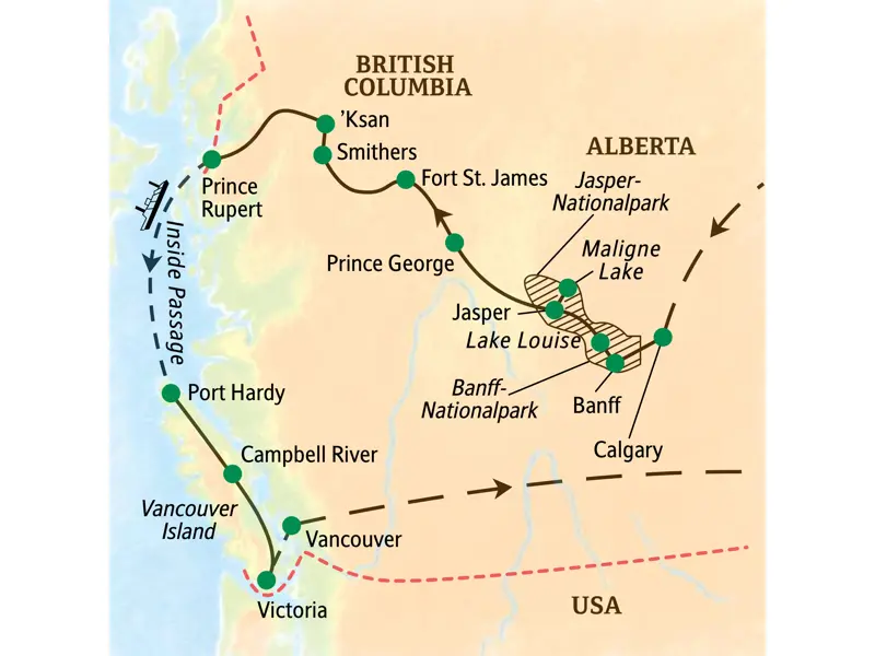 Karte der Studiosus Studienreise in Westkanada, die Route führt von Calgary über Banff, Jasper und die Inside Passage nach Vancouver.