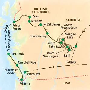Karte der Studiosus Studienreise in Westkanada, die Route führt von Calgary über Banff, Jasper und die Inside Passage nach Vancouver.