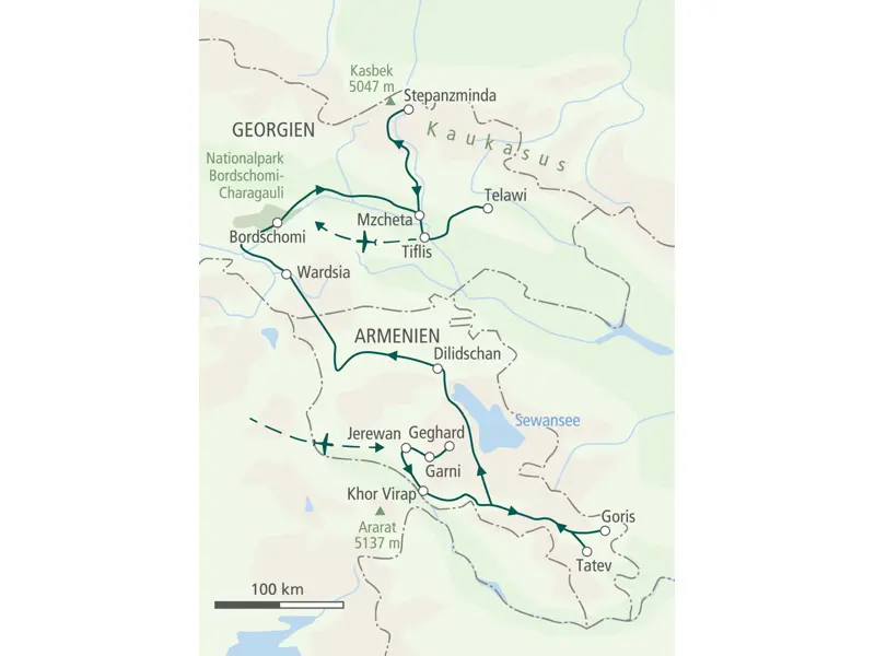 Karte der Wanderreise durch Armenien und Georgien, von Jerewan über Goris und Wardsia nach Tiflis und zum Kasbek.