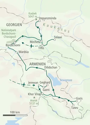 Karte der Wanderreise durch Armenien und Georgien, von Jerewan über Goris und Wardsia nach Tiflis und zum Kasbek.