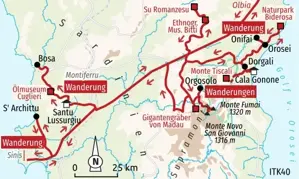 Karte der Wanderreise auf Sardinien: Die Route führt von Olbia über Orosei, das Supramonte-Gebirge und Bosa nach Santu Lussurgiu.
