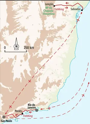 Übersichtskarte der Trekkingreise in Brasilien von Rio über Paraty bis Salvador und zur Trekking-Region Chapada Diamantina.