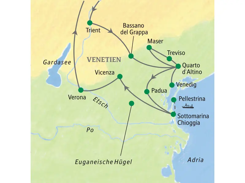 Reiseroute der Studiosus-Studienreise in Venetien: Von Trient über Venedig, Padua, Sottomarina und Vicenza nach Verona.