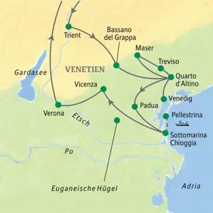 Reiseroute der Studiosus-Studienreise in Venetien: Von Trient über Venedig, Padua, Sottomarina und Vicenza nach Verona.