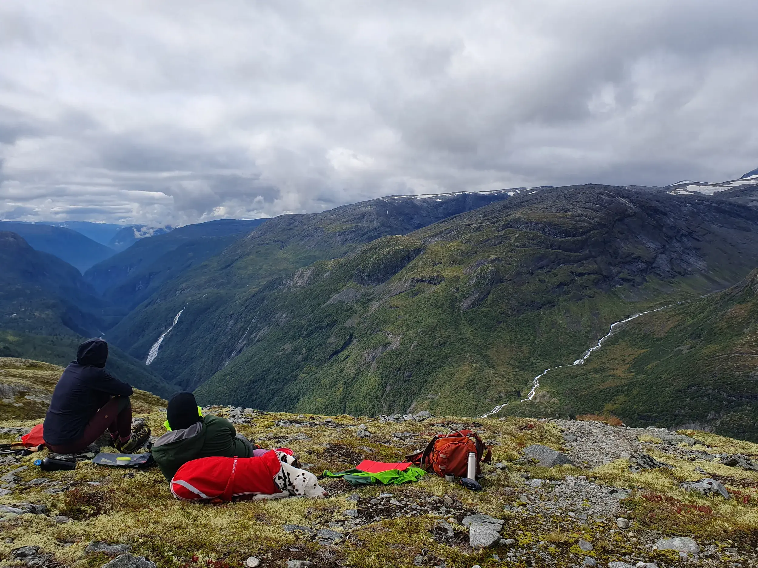 Zwei Wanderer und ihr Hund genießen bei einer Trekking-Pause die Aussicht über das tiefgrüne Utladalen-Tal im Jotunheimen.
