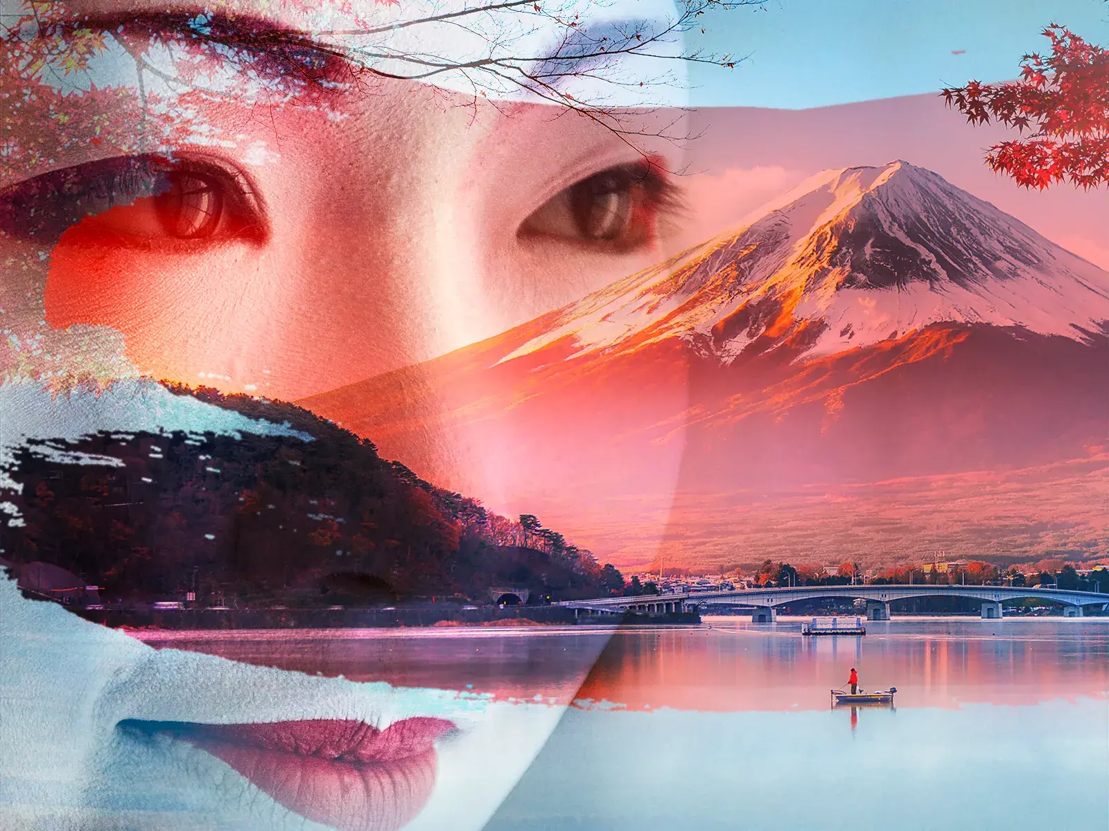Künstlerische Fotomontage: die Augen einer Frau überlagern die Landschaft des Berges Fuji-san am Kawaguchi-See bei Dämmerung.
