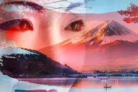 Künstlerische Fotomontage: die Augen einer Frau überlagern die Landschaft des Berges Fuji-san am Kawaguchi-See bei Dämmerung.