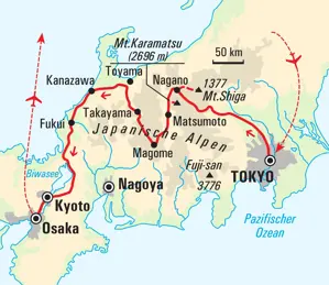 Route unserer Trekkingreise in Japan: von Tokyo über Matsumoto, Takayama und Kyoto durch die Japanischen Alpen nach Osaka.