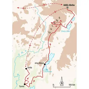 Karte der Trekkingreise in Süd-Äthiopien: Die Route führt von Addis Abeba über Jinka, Turmi und Arba Minch in die Gurage-Region.