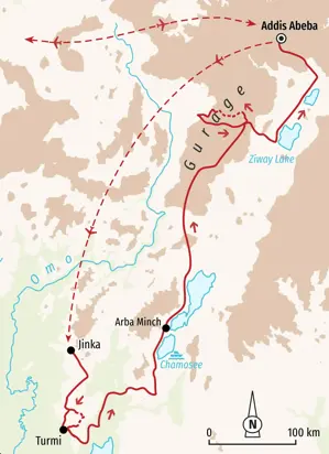 Karte der Trekkingreise in Süd-Äthiopien: Die Route führt von Addis Abeba über Jinka, Turmi und Arba Minch in die Gurage-Region.