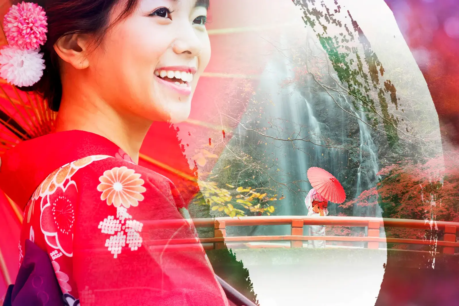 Fotomontage: Lächelnde Frau im Kimono und eine Szene am Nachi-Wasserfall mit der Pagode des Seiganto-Tempels im Herbst.
